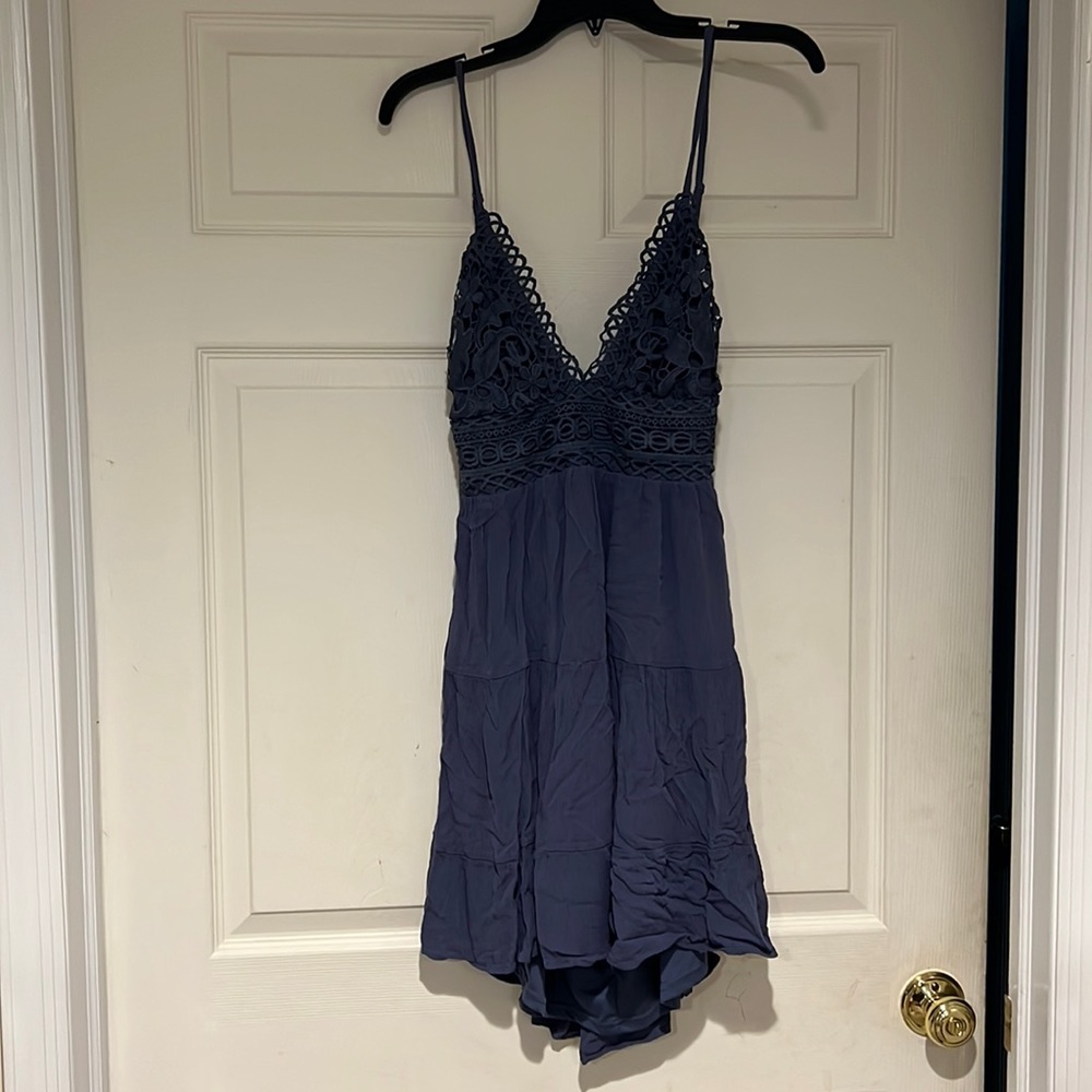 Windsor Let It Flow Crochet V-Neck Skater Dress in Denim
